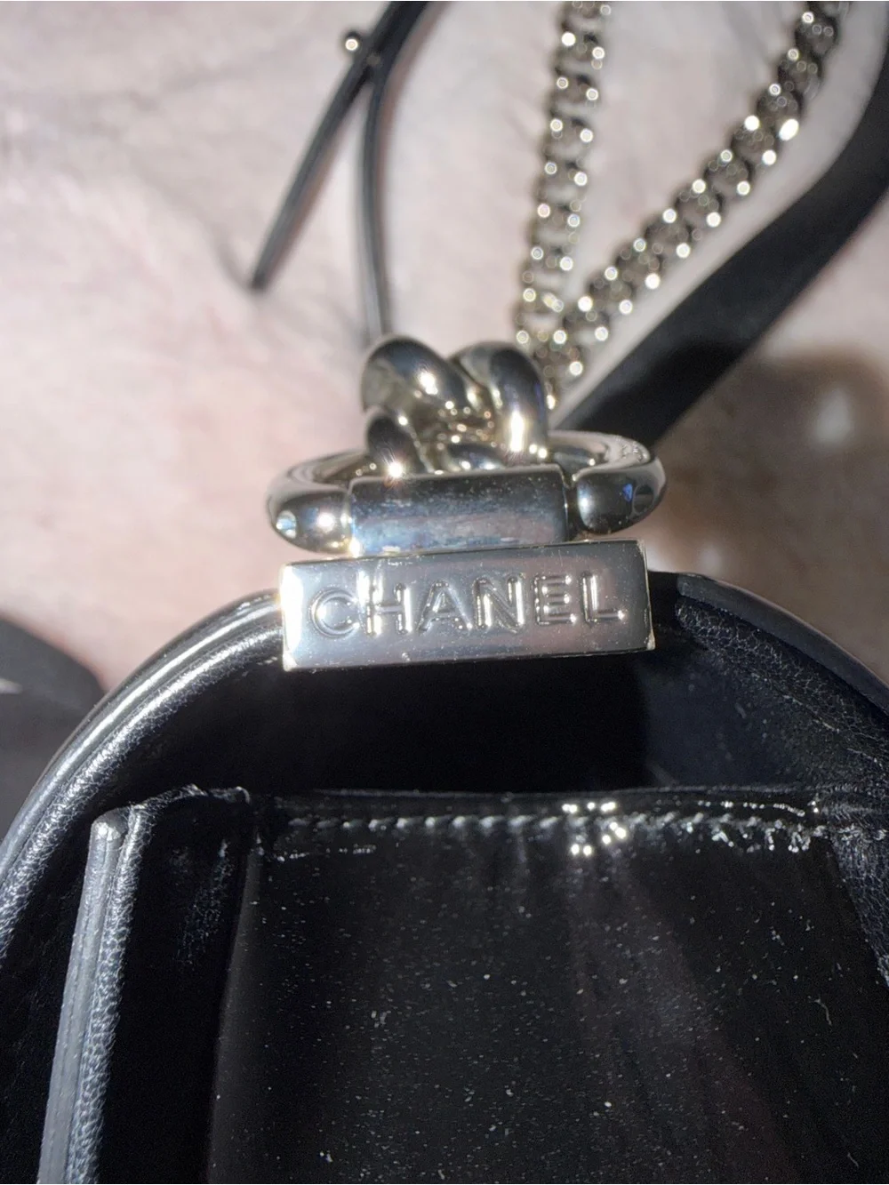 CHANEL Black & Silver Chevron Patent Glitter PVC Small Boy Bag Silver HDW
